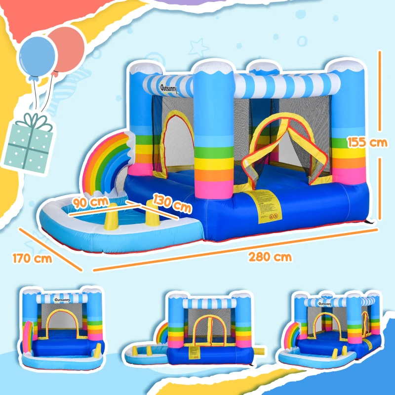 Outsunny Kids Rainbow Bouncy Castle & Pool House Inflatable Trampoline w/ Blower Pump