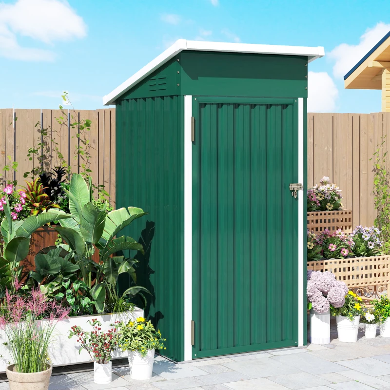 Outsunny Abrigo Exterior Metálico 107,5x91x185 cm Abrigo de Jardim com Teto Inclinado Porta com Trinco Ventilação e Luvas Verde