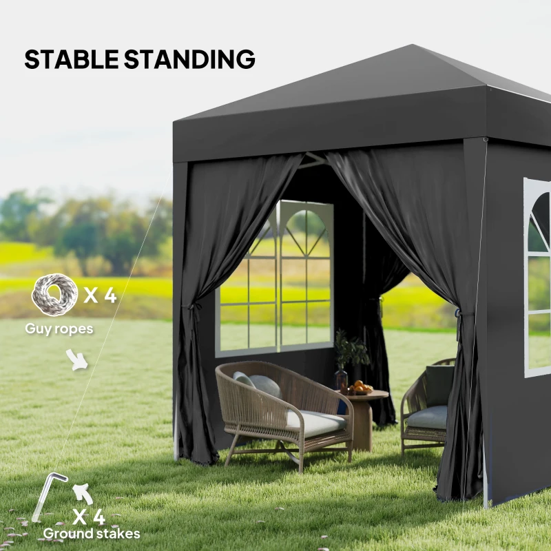 Outsunny 2 x 2 m Garden Pop Up Gazebo, Wedding Party Tent Marquee, Water Resistant Awning Canopy with Sidewalls, Windows, Carry Bag, Black(m-6)
