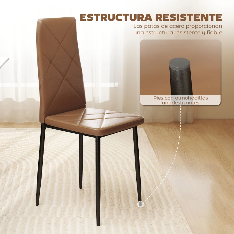 HOMCOM Set de 4 Sillas de Comedor Tapizadas de Piel Sintética con Respaldo Alto y Patas de Acero 41x50x97 cm Marrón