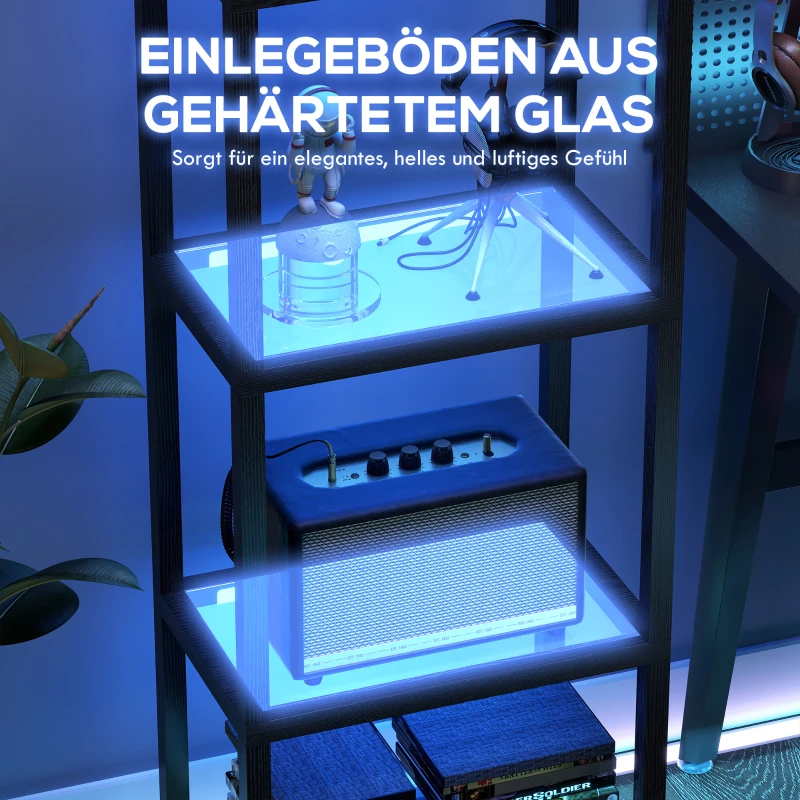 HOMCOM RGB Stehlampe mit Glasregalen, 4-Ebenen-LED-Stehleuchte mit Fernbedienung, Musiksynchronisation, Schwarz
