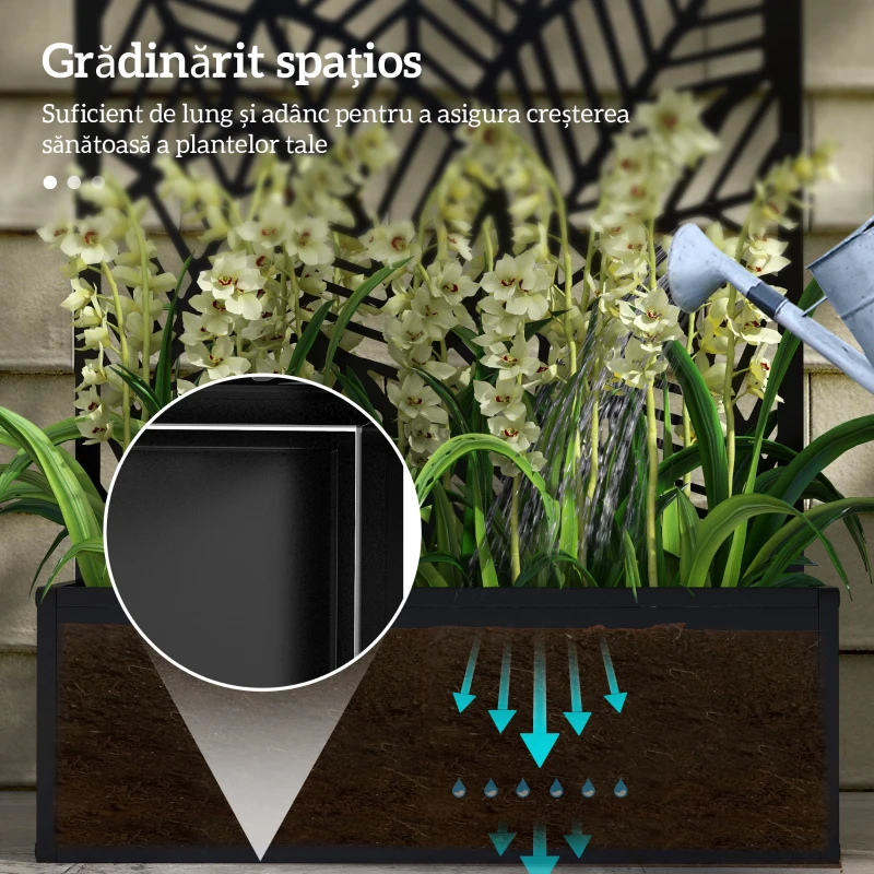 Outsunny Jardinieră Metalică Înălțată pentru Exterior cu Suport de Intimitate, Panou Decorativ și Vas pentru Plante, Montabilă pe Perete sau Independentă, Negru
