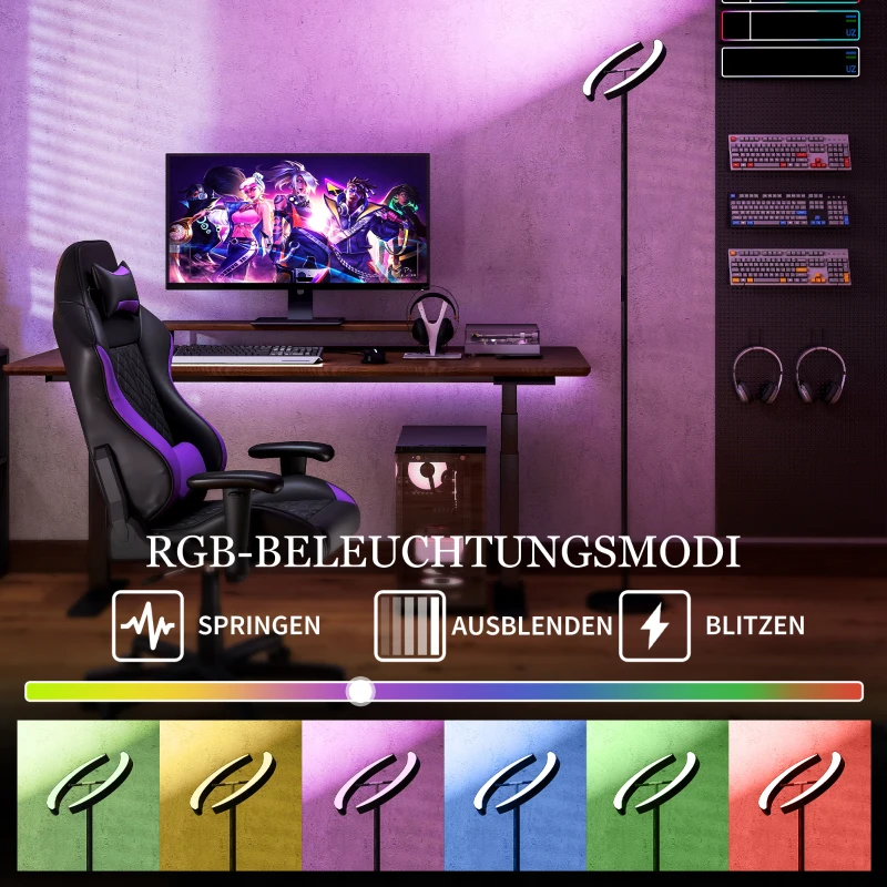 HOMCOM RGB Stehlampe, dimmbare Lampe mit mehrfarbigen Beleuchtungsmöglichkeiten, drehbar, Schwarz