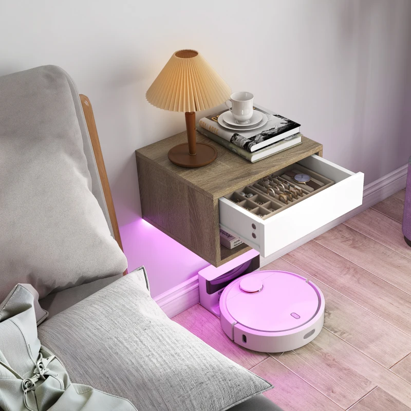 HOMCOM Juego de 2 Mesitas de Noche Flotantes con Luces LED RGB Control de APP Cajón Estante Abierto Natural y Blanco