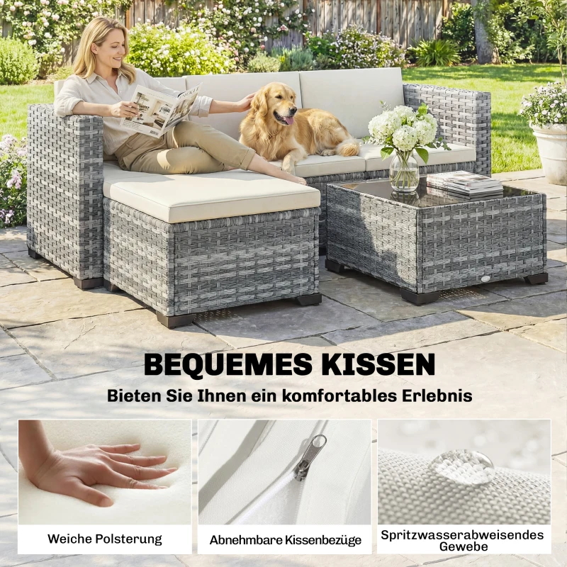 Outsunny Polyrattan Gartenmöbel Set 5-teilig, Lounge Set mit Ecksofa Hocker Tisch Sitz- & Rückenkissen Grau+Cremeweiß