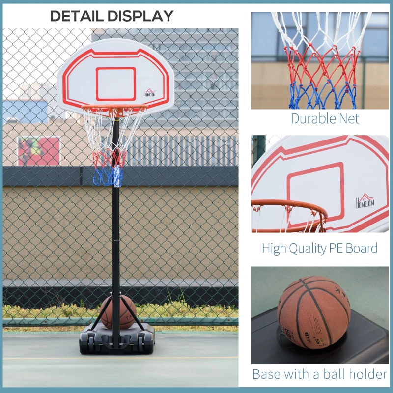HOMCOM Portable Basketball Hoop Stand, Outdoor Basketball System, Adjustable Height from 210-260 cm with Wheels, Stable Base, Red