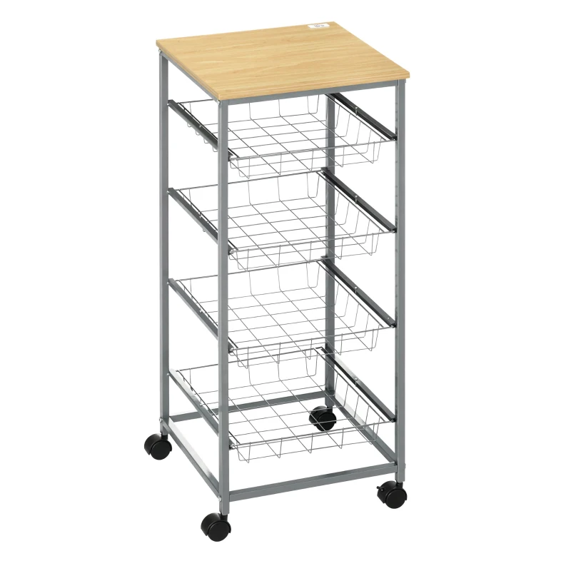 HOMCOM Küchenwagen Rollwagen mit 4 Ebenen Küchenregal mit Metallkörben, Allzweckwagen auf Rollen, Aufbewahrungswagen für Küche Bad Büro Wohnzimmer Silber