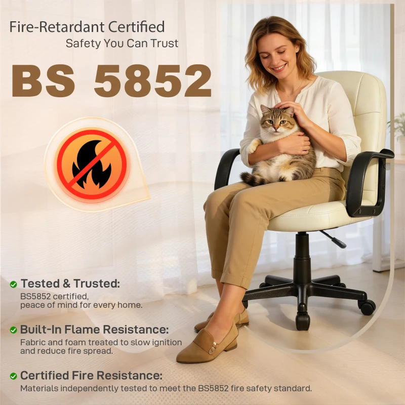 HOMCOM Executive Office Chair for Home, Mid Back PU Leather Computer Desk Chair for Adults with Arm, Wheels, Cream