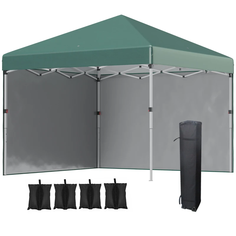 Outsunny 3 x 3 (M) Pop Up Gazebo - UPF 30+, Includes 2 Sidewalls, Leg Weight Bags, and Wheeled Bag, Height Adjustable Party Tent Event Shelter for Garden, Patio, Green