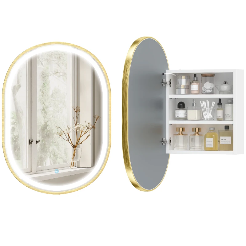 HOMCOM Armadio bagno con specchio LED anti-appannamento e ripiani regolabili, Dorato