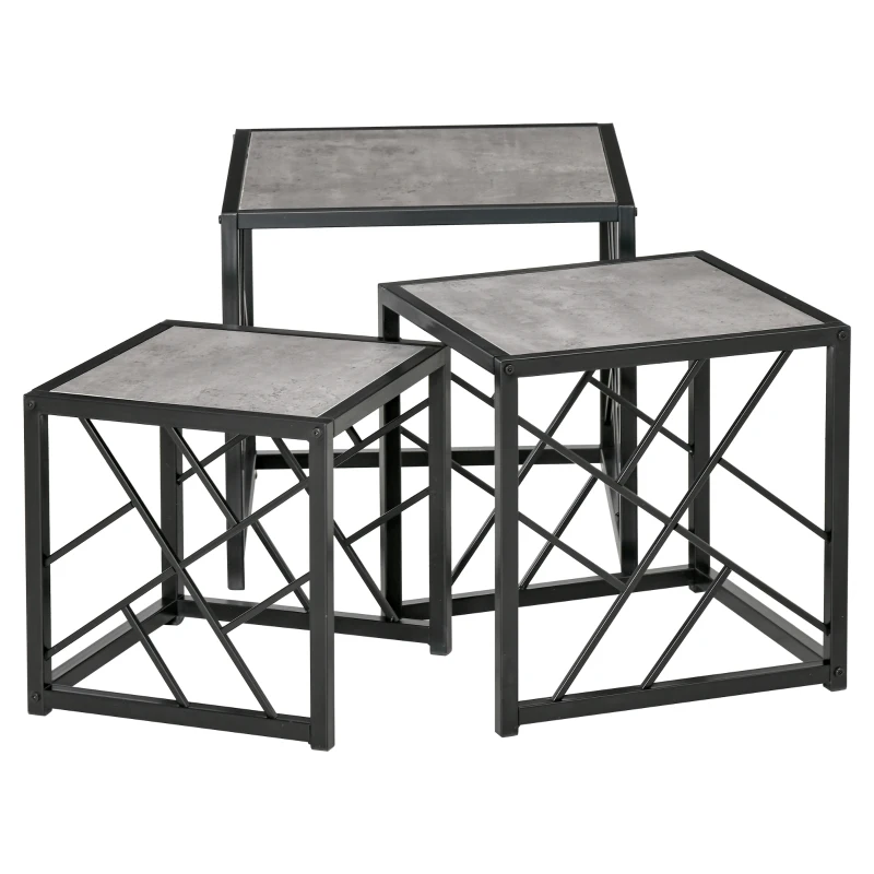 HOMCOM Set of 3 Nesting Coffee Tables, Square Side Tables with Black Metal Frame, for Living Room, Bedroom and Office, Grey