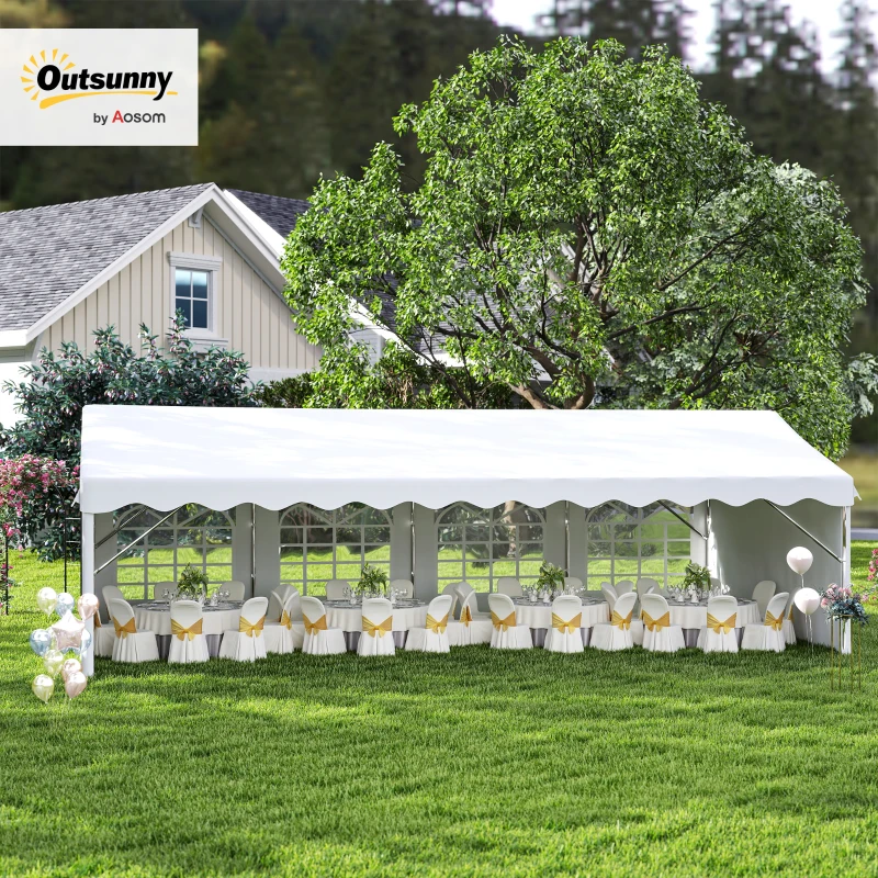 Outsunny 4 x 8m Heavy-duty Outdoor Carport Party Event Tent, Patio Gazebo Canopy Pavilion with 4 Sidewalls, 8 Windows, White