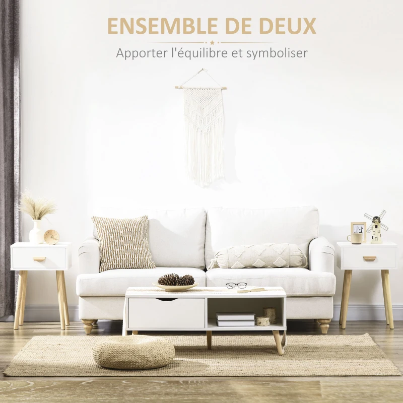 HOMCOM Lot de 2 tables de chevet, table de nuit moderne avec tiroir et pieds en bois massif, 40,5 x 30,5 x 60 cm, blanc