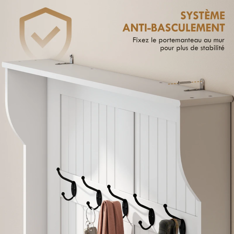 HOMCOM Meuble d'entrée avec banc porte manteaux 3 en 1 5 crochets banc de rangement pour salon couloir 96 x 34 x 179,7 cm crème