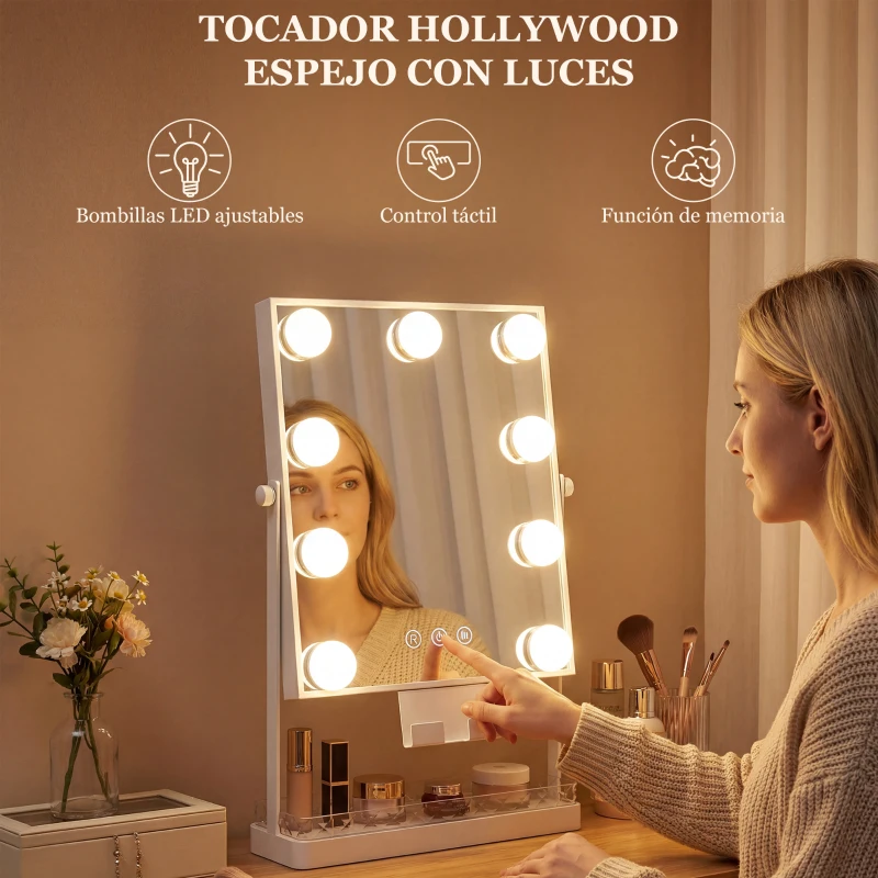 HOMCOM Hollywood Espejo de Maquillaje con Luz 9 Bombillas LED 3 Colores Interruptor Táctil Soporte para Teléfono Blanco