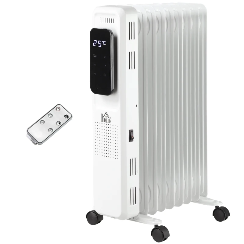 HOMCOM 2180W Oil Filled Radiator with 3 Power Settings, 9 Fin Portable Electric Heater with Adjustable Thermostat, 24H Timer, Safety Cut-off, LED Display, Remote, White