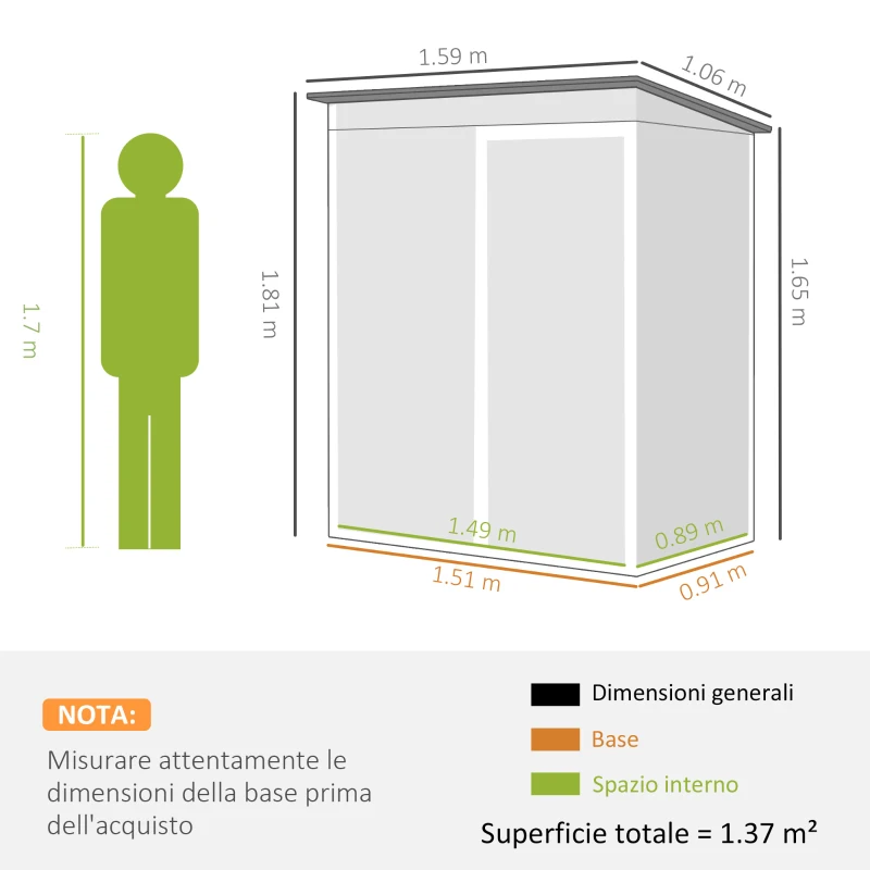 Outsunny Casetta da Giardino in Metallo con Prese d'Aria e Porta Scorrevole, 159x106x181 cm, Grigio Scuro