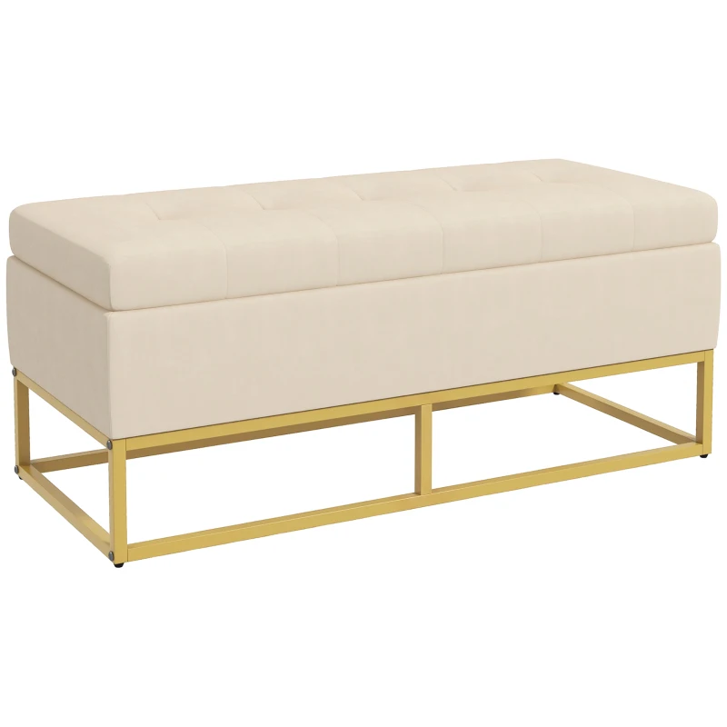 HOMCOM Sitzbank mit Stauraum, dekorative Knopfheftung, Flanelloptik, goldfarbene Stahlbeine, 110 x 47 x 46,5 cm