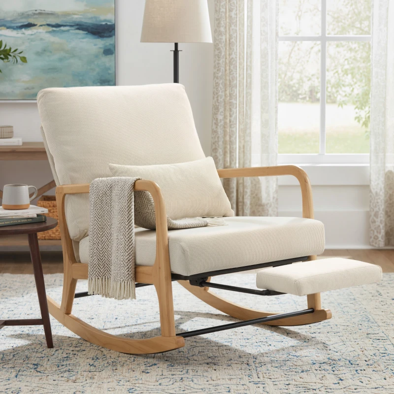 HOMCOM Poltrona Baloiço com Encosto Ajustável de Veludo Cotelê Nórdica Pés de Madeira Braços Almofada Lombar 70x89x97,5 cm Creme