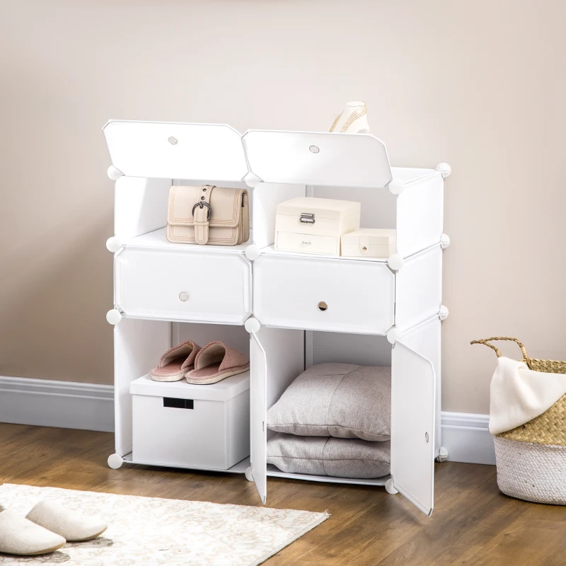 HOMCOM Schuhschrank, Regal mit Aufbewahrungsboxen, Kleiderschrank, Kunststoff, Stahl, Weiß, 75 x 37 x 73 cm