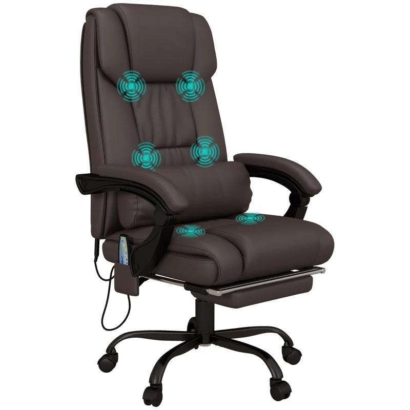 Vinsetto PU Leather Office Chair with 6-Point Vibration Massage, Reclining Chair Office with Footrest, Adjustable Height, Computer Chair, Brown
