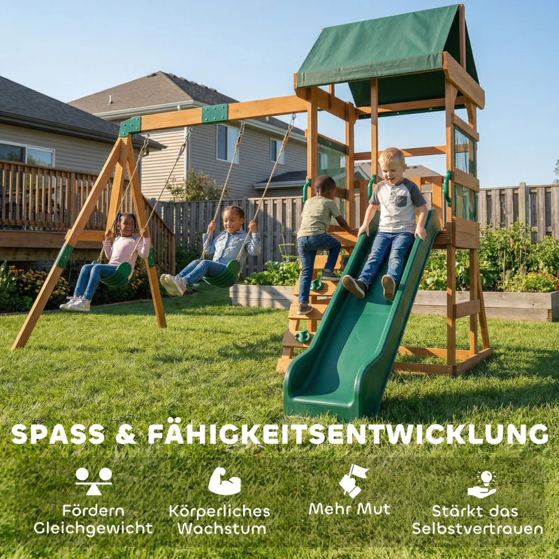 AIYAPLAY Spielturm Klettergerüst Holz Schaukelgestell mit Rutsche 2 Schaukeln Kletterwand für 3-8 Jahre 315x284x233 cm Grün
