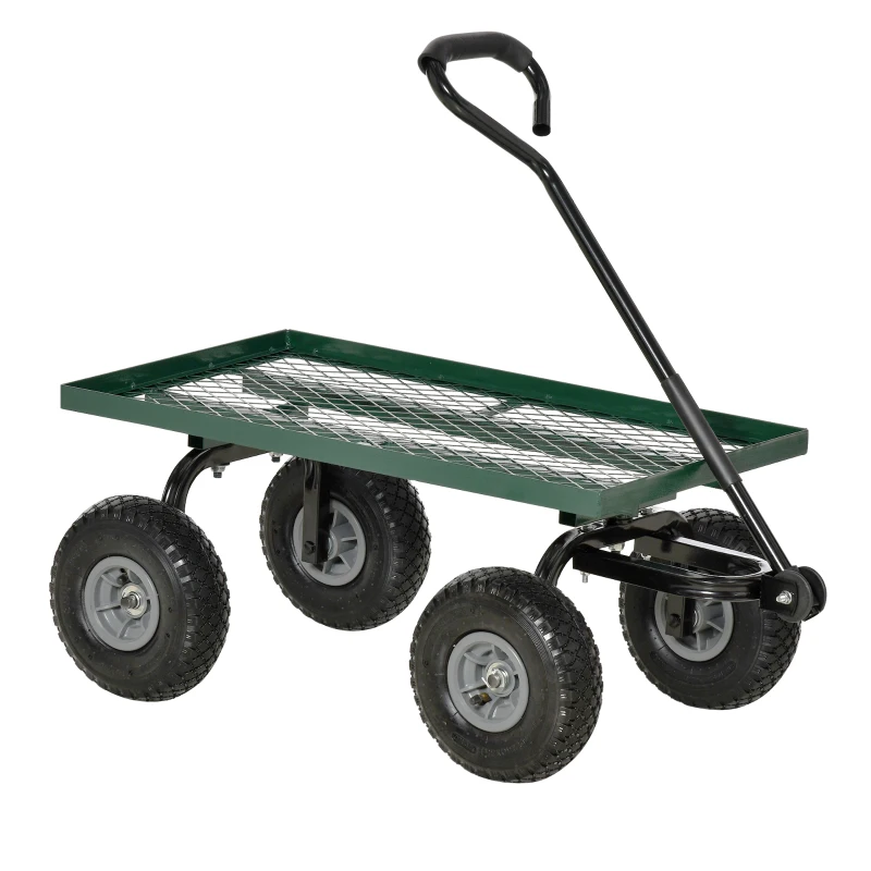 Outsunny Carro de Transporte com Pega Revestida e 4 Rodas Grandes de Ø24 cm Carrinho de Jardim em Aço 94x48,5x100 cm Preto e Verde