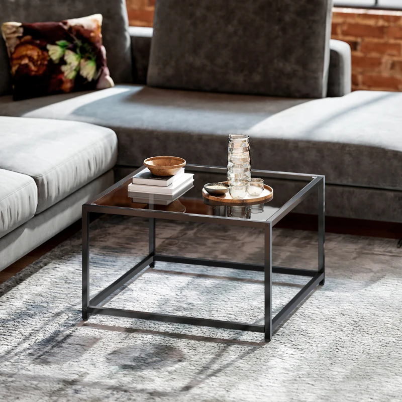 HOMCOM Beistelltisch Quadratisch Nachttisch mit Hartglas-Tischplatte, Couchtisch mit Beinen aus Stahl 68 x 68 x 39 cm Schwarz