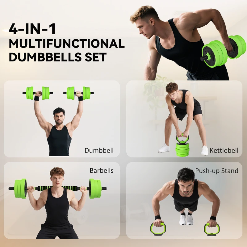 SPORTNOW 20kg Four-In-One Adjustable Weight Dumbbells Set, Barbell, Kettlebell, Push Up Stand - Green
