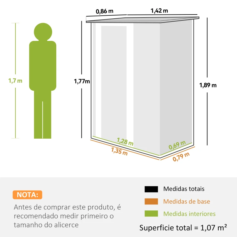 Outsunny Abrigo de Jardim 1,07㎡ 142x84x189 cm Abrigo de Armazenamento Abrigo de Ferramentas com Teto Inclinado e Porta Verde Clar