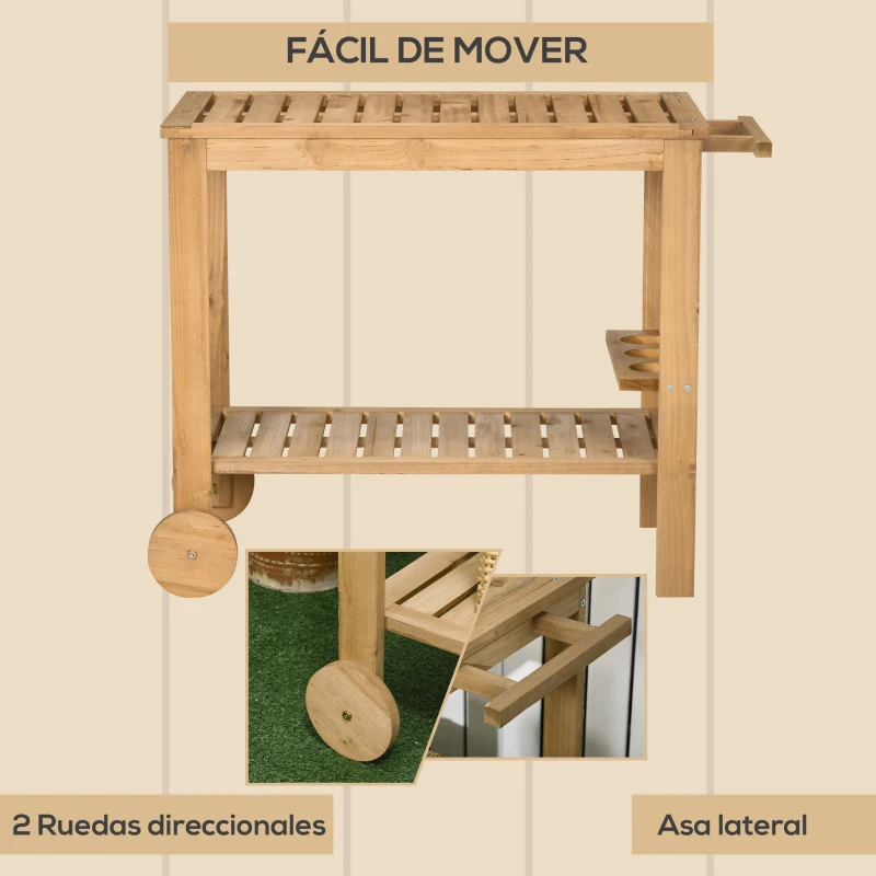 Outsunny Carrito de Madera para Exterior Carro de Servicio con Asa Lateral y 3 Porta botellas 95x47x74 cm Natural