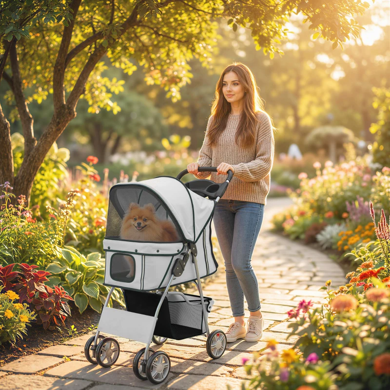 PawHut Carrito para Perros Pequeños con Cesta de Almacenaje Portavasos Ruedas y Cojín Lavable 77x44x102 cm Gris