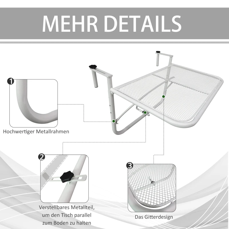 Outsunny Balkonhängetisch 3-fach höhenverstellbarer Hängetisch aus Metall wetterfest Balkontisch Beistelltisch für Balkongeländer Terrassengeländer Tisch zum Einhängen 60 x 56 cm, Weiß