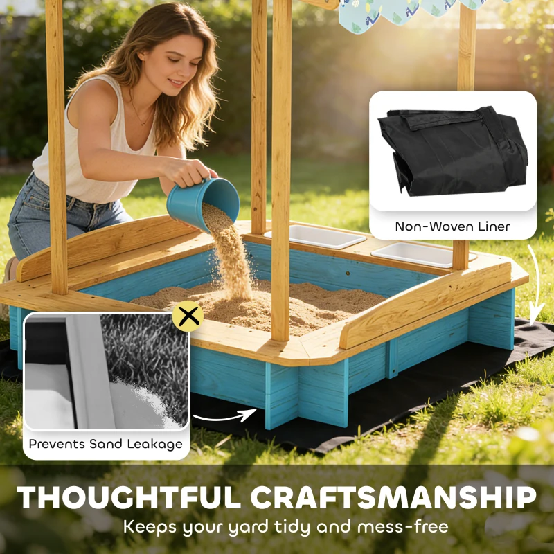 AIYAPLAY Bac à sable en bois avec toit 3 bancs 2 coffres en PP doublure pour enfants de 3-6 ans 128x118x121 cm Bleu