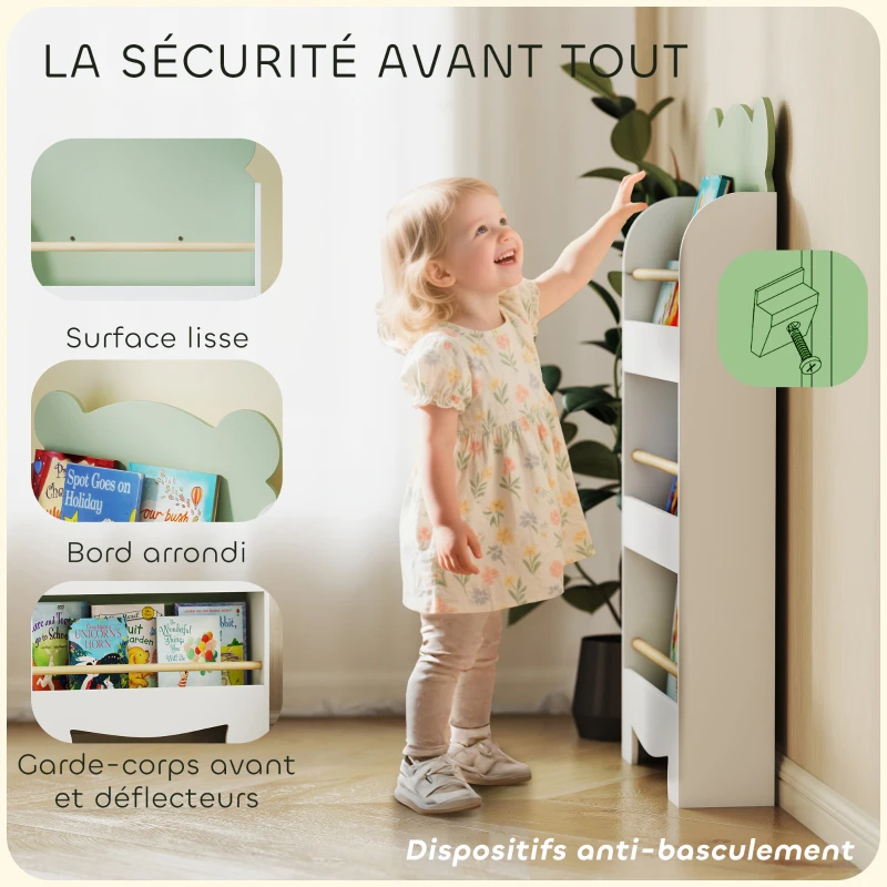 AIYAPLAY Bibliothèque pour enfant, rangement livre enfant 3 niveaux pour salle de jeux, chambre d'enfant, vert