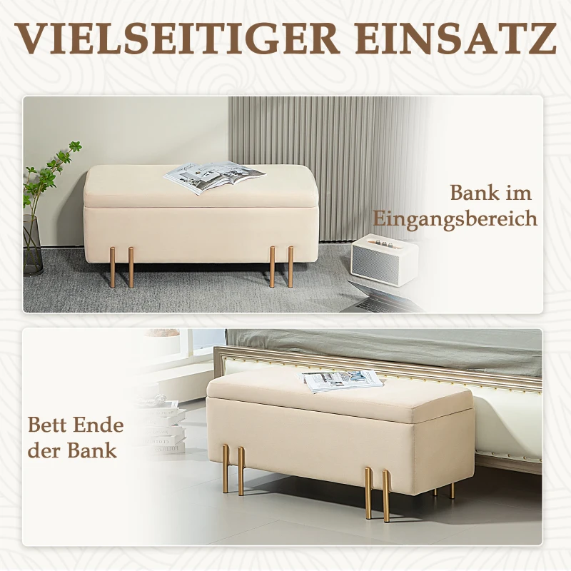 HOMCOM Polsterbank mit Stauraum, Truhenbank, Schaumstoff, Metall, Kautschukholz, 100 x 40 x 42 cm, Beige(m-6)