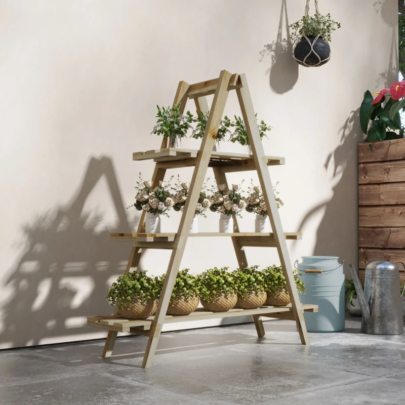 Outsunny Suport Vertical pentru Plante cu 3 Nivele din Lemn de Brad, 100x36x112 cm, Culoare Lemn Natural