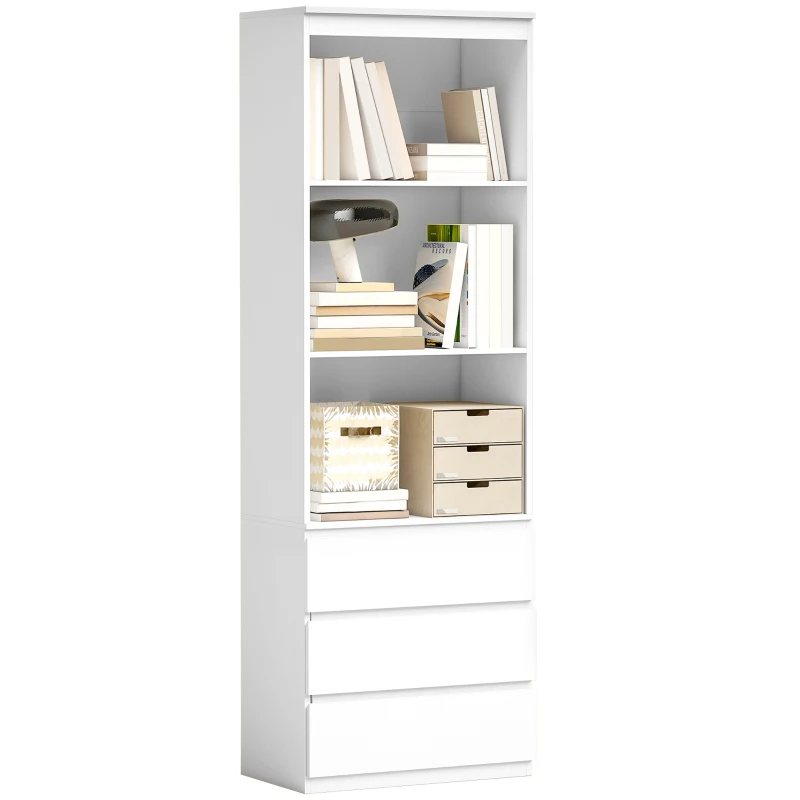 HOMCOM Bibliothèque haute de 180 cm avec 3 étagères et 3 tiroirs 60 x 35 x 180 cm en bois blanc