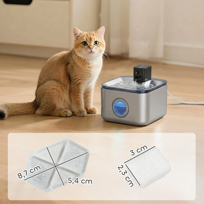 PawHut 16 pcs Filtre Fontaine Eau Chat, Distributeur d'Eau filtrante pour Chat et Chien, Triple Système de Filtration, Blanc