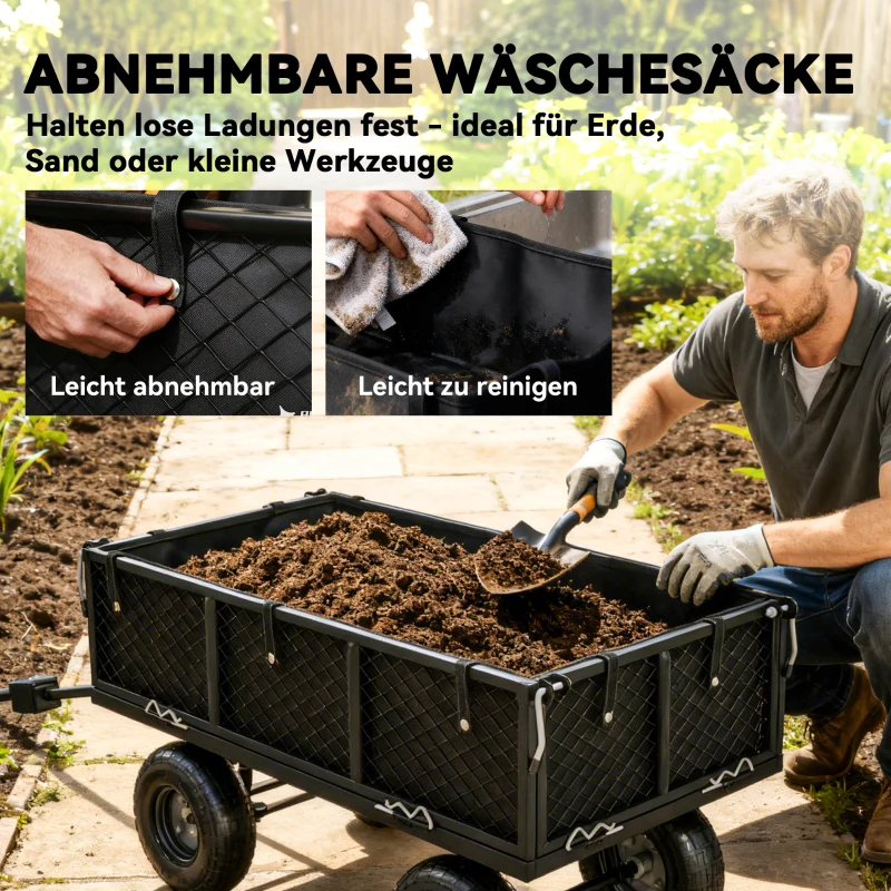 Outsunny Gartenwagen, 4-Rad-Trolley aus Stahl, abnehmbare Seitenwände, 25 cm Räder, drehbarer Griff, 300 kg Traglast, Schwarz(m-5)