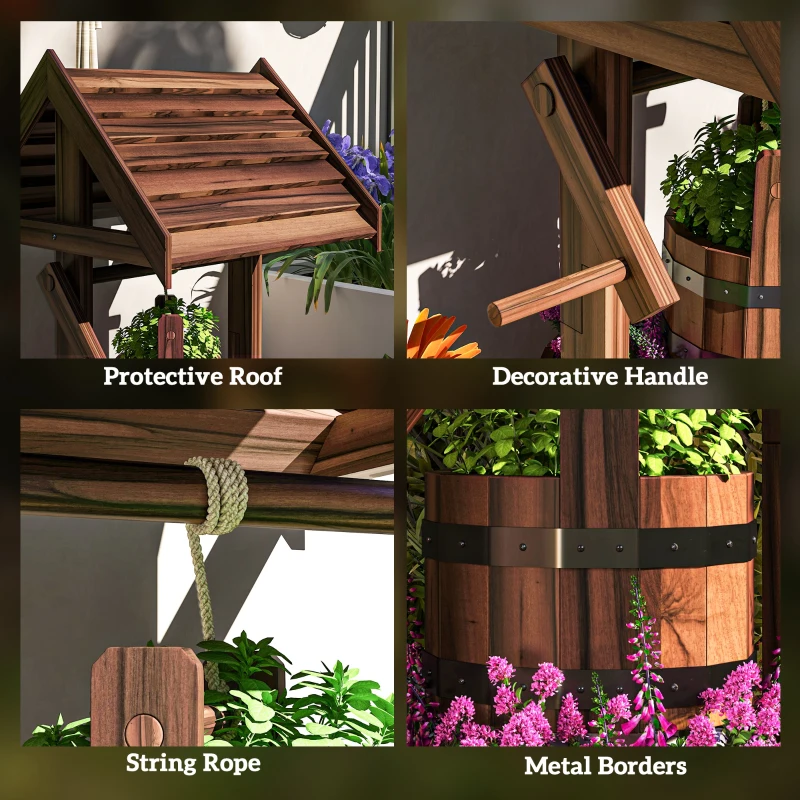 Outsunny Wood Wishing Well for Outside with Hanging Bucket, Wishing Well Planter with Drain Hole for Garden Patio, Carbonized