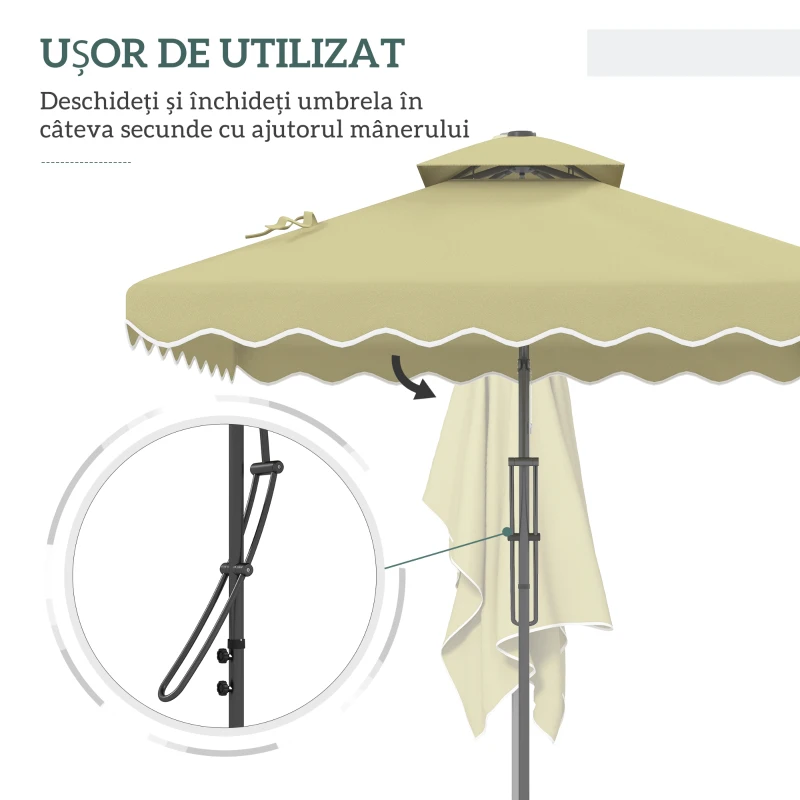 Outsunny Umbrelă Suspendată cu Copertină Dublă, Deschidere cu Manivelă, Bază în Cruce şi Falduri, 2.5x2.5 m, Bej