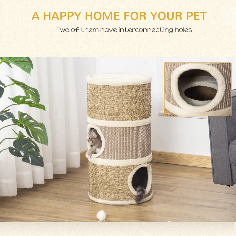 PawHut Cat Scratching Barrel Kitten Tree Tower for Indoor Cats Pet Furniture Climbing Frame Covered with Sisal and Seaweed Rope Cozy Platform Soft Plush