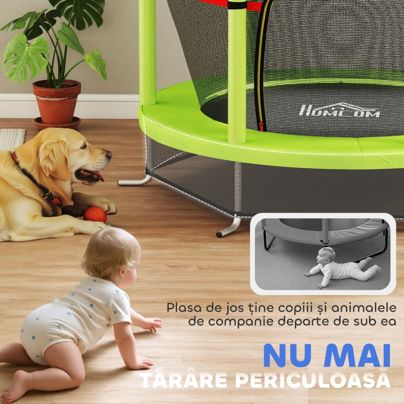 HOMCOM Saltea Elastică pentru Copii 3-6 Ani cu Plasă de Protecție, 6 Stâlpi și 3 Intrări, Ø140x190 cm, Verde