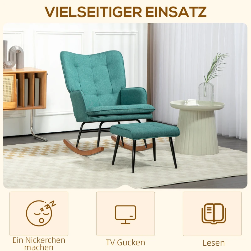 HOMCOM Schaukelstuhl mit Fußhocker, breite Sitzfläche, hohe Rückenlehne, Leinenimitat, Mintgrün