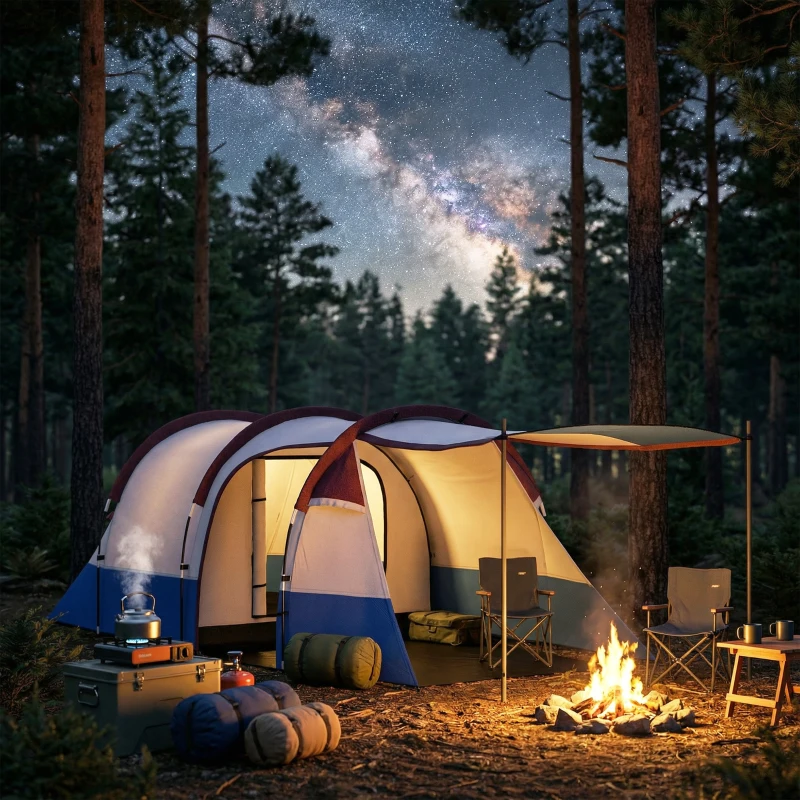 Outsunny Tenda da Campeggio Impermeabile con 2 Aree e 3 Ingressi, in Poliestere e Fibra di Vetro, 420x200x150 cm, Rosso