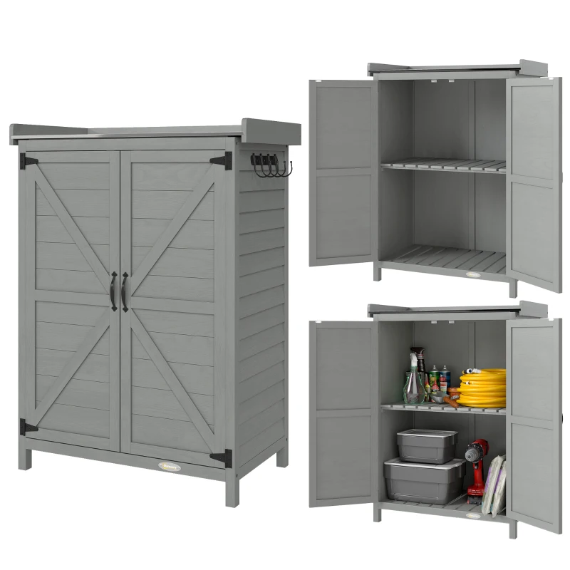 Outsunny Wooden Garden Shed, Garden Tool Storage Shed with Shelf and Side Hooks, 71.5 x 39 x 95 cm, Grey