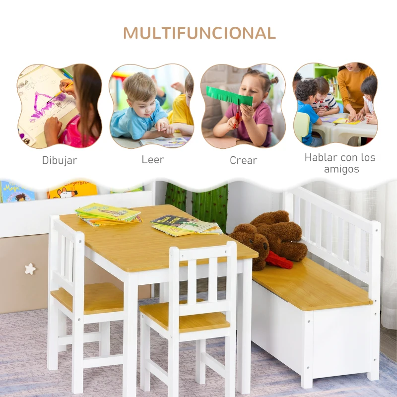 HOMCOM Mesa y Sillas Infantiles de 4 Piezas Mesa Infantil con 2 Sillas y Banco con Almacenaje Juego de Muebles para Actividades para Niños de +3 Años para Dormitorio Sala de Juegos Blanco y Natural