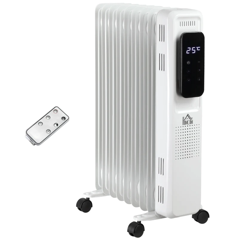 HOMCOM 2180W Oil Filled Radiator with 3 Power Settings, 9 Fin Portable Electric Heater with Adjustable Thermostat, 24H Timer, Safety Cut-off, LED Display, Remote, White