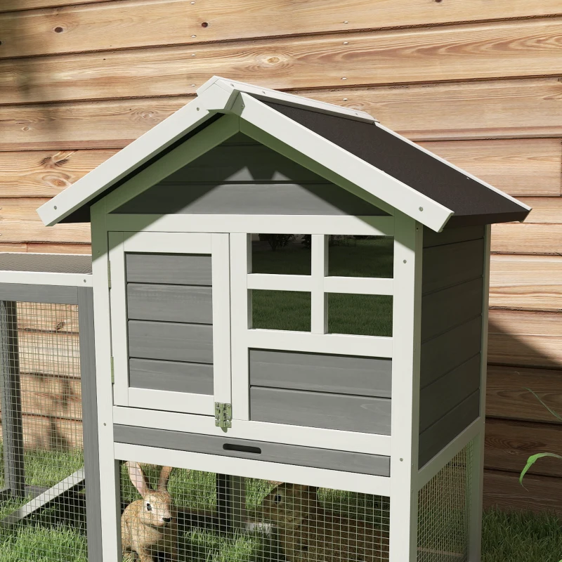 PawHut 2 Tiers Rabbit Hutch and Run Wooden Guinea Pig Hutch Outdoor with Sliding Tray, Ramp, 122 x 62.6 x 92cm, Grey